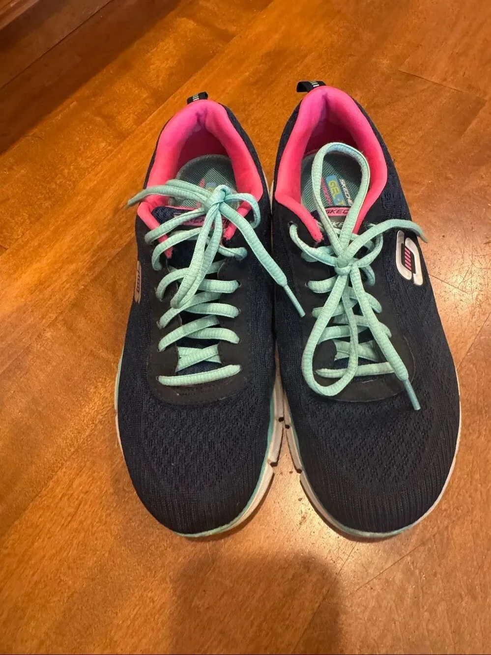 Skechers Equalizer Womens 7.5 Navy Pink Aqua Gel Top Memory Foam Sneakers 11892
